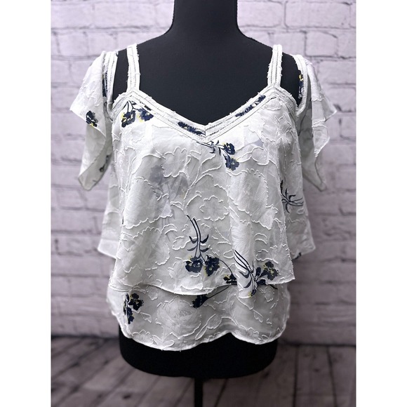 Lucky Brand Tops - Lucky Brand Womens S Pale Green w/Blue Floral Off Shoulder Layered Lined Blouse